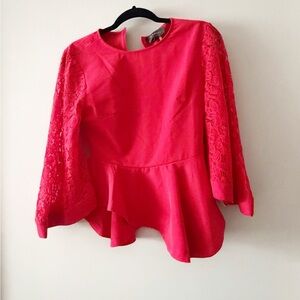 Gracia red color Flare Lace Sleeve Peplum Asymmetrical Top Size S NWT